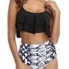 Boho-Chic Ruffle Bikini Set Removable Padded Cups-Black And White Snake Print