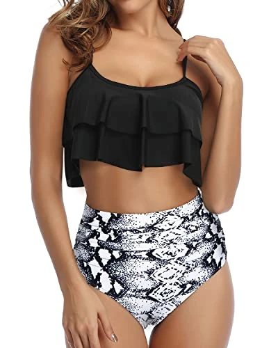 Boho-Chic Ruffle Bikini Set Removable Padded Cups-Black And White Snake Print 1 Boho-Chic Ruffle Bikini Set Removable Padded Cups-Black And White Snake Print