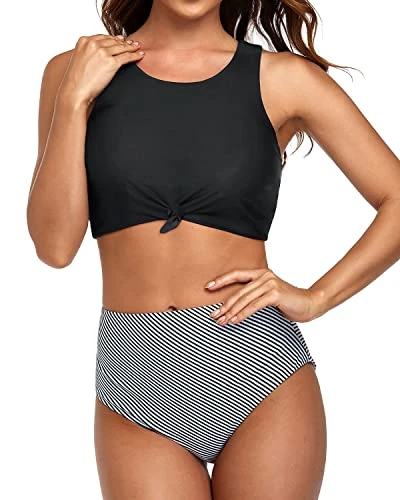 Vintage High Waisted Bikini Set Crop Top For Women-Black Stripe 2 Vintage High Waisted Bikini Set Crop Top For Women-Black Stripe - Image 2