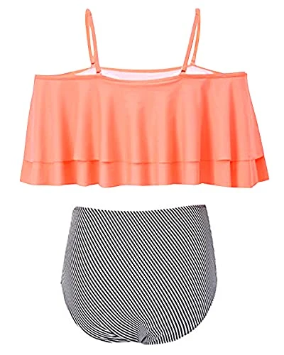 Elegant High Waisted Bikini Set Swimsuit Tummy Control-Coral Pink Stripe 3 Elegant High Waisted Bikini Set Swimsuit Tummy Control-Coral Pink Stripe - Image 3