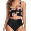 High Waisted Bikini Push Up Ruffle Two Piece Swimsuits-Black Orange Floral
