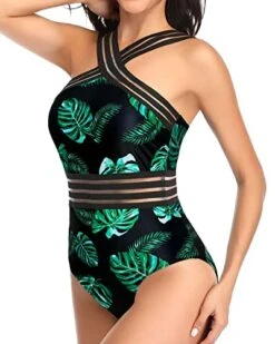 Unique Crisscross Mesh Straps Sexy One Piece Swimsuits-Black And Green Leaf -Bikini Beach Shop 411IloHvUJL e45d3777 58d4 42c6 a4ef 8479b3735284