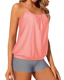 High Waisted Boyshort Tankini Bottoms Modest Swimsuits-Coral Pink Stripe -Bikini Beach Shop 411LbBR89tL d3334559 d068 40f6 995b cd18035aa8eb