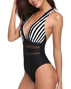 Curve-Contouring Criss-Cross Back Bathing Suit Monokini Swimsuits-Black And White Stripe -Bikini Beach Shop 411Ljevv8CL 6884048b 0f07 4881 a67b 01c246d8d507