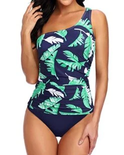 2 Piece Slimming Swimming Suit One Shoulder Tankini For Women-Blue Leaf
