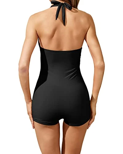 Retro Bathing Suit Halter Swimwear Shorts Boyleg-Black 2 Retro Bathing Suit Halter Swimwear Shorts Boyleg-Black - Image 2