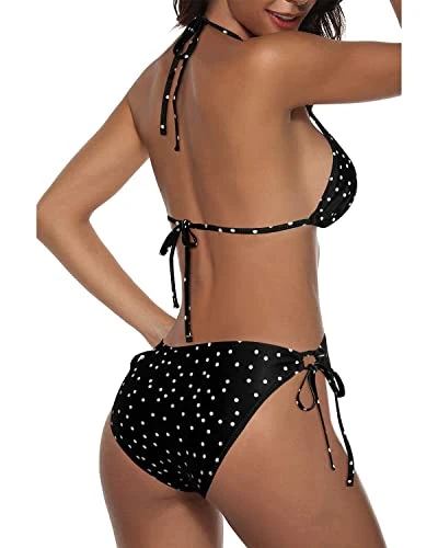 Women's Sexy V Neck Low Back Low Waisted Tie Side Bikini-Black White Dot 2 Women's Sexy V Neck Low Back Low Waisted Tie Side Bikini-Black White Dot - Image 2