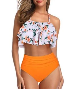 Chic Halter Bathing Suits Tummy Control Bottoms For Women-Orange Floral