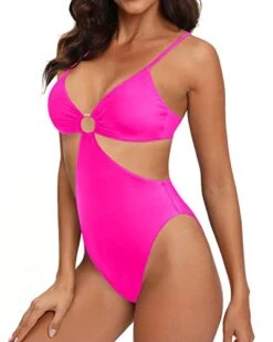Women One Piece High Neck Halter Cutout Monokini Swimwear-Neon Pink -Bikini Beach Shop 411qquh2qvL