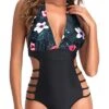 Flattering High Leg Cut Out String Swimwear Plunge V Neck Halter Bathing Suits-Black Floral