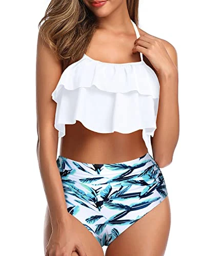 Flattering Two Piece Ruffle High Waisted Bikini-White Leaf 2 Flattering Two Piece Ruffle High Waisted Bikini-White Leaf - Image 2