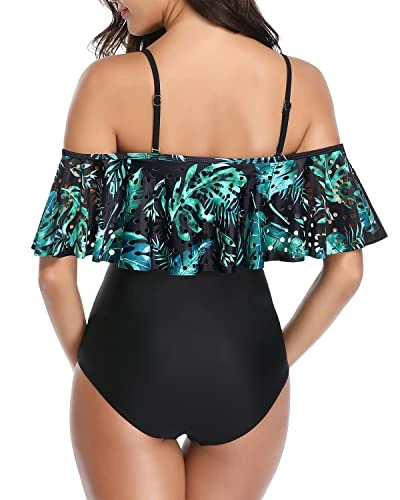 One Piece Off Shoulder Lace Swimsuits Ruffle Flounce Hollow Bathing Suits-Black And Green Leaves 2 One Piece Off Shoulder Lace Swimsuits Ruffle Flounce Hollow Bathing Suits-Black And Green Leaves - Image 2