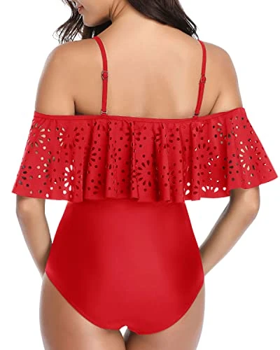 Sexy Ruffle Flounce Hollow Bathing Suits One Piece Off Shoulder Lace Swimsuits-Red 4 Sexy Ruffle Flounce Hollow Bathing Suits One Piece Off Shoulder Lace Swimsuits-Red - Image 4