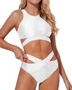Cute And Comfortable Criss Cross Bikini Set Two Piece High Neck Bikini Set-White -Bikini Beach Shop 4120O8RGCML