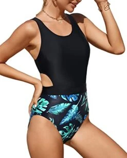 Tummy Slimming Sexy Women One Piece Swimsuits-Black And Green Leaf -Bikini Beach Shop 412EP to nL