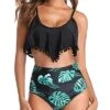 Scoop Neckline Padded Bras High Waisted Bikini-Black Leaf