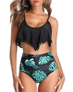 Scoop Neckline Padded Bras High Waisted Bikini-Black Leaf