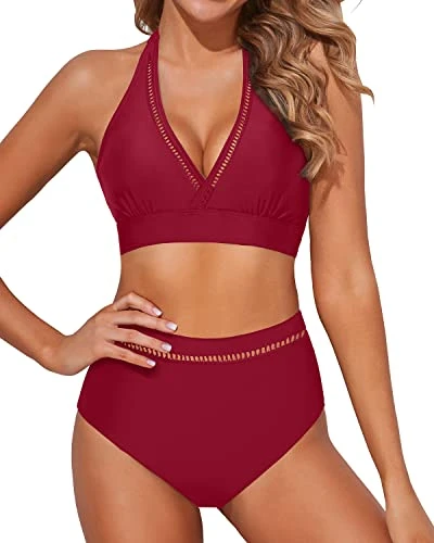 Halter Neck Padded Bra Bikini Two Piece Swimsuits For Women-Red 1 Halter Neck Padded Bra Bikini Two Piece Swimsuits For Women-Red