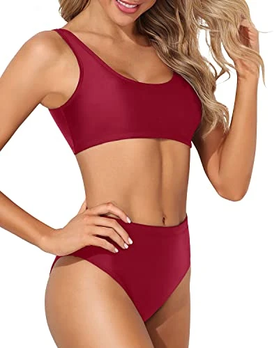 Bathing Suit Sexy Cheeky Bottom Two Piece Scoop Neck Bikini For Women-Red 3 Bathing Suit Sexy Cheeky Bottom Two Piece Scoop Neck Bikini For Women-Red - Image 3
