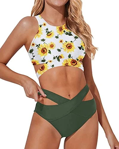 Flattering Racerback Zipper Tank Top Two Piece High Neck Bikini Set-Sunflower 3 Flattering Racerback Zipper Tank Top Two Piece High Neck Bikini Set-Sunflower - Image 3