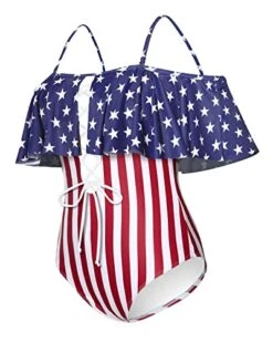 Off Shoulder Lace-Up One Piece Bathing Suit Ruffle Flounce Sexy Swimsuit-Flag -Bikini Beach Shop 412 V7NYqqL