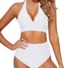 High Waisted Bikini Bottoms Ruching Women's Bikini Swimsuits-White