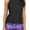 Women's Backless Tankini Athletic 3 Piece Swimsuits-Black And Tribal Purple