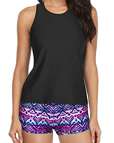 Women's Backless Tankini Athletic 3 Piece Swimsuits-Black And Tribal Purple 1 Women's Backless Tankini Athletic 3 Piece Swimsuits-Black And Tribal Purple