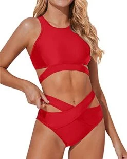 Sexy Zipper Racerback Bandage Two Piece Bathing Suits-Red -Bikini Beach Shop 412phL5K3GL