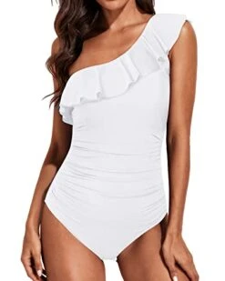 Tummy Control One Shoulder Ruffle One Piece Swimsuits-White -Bikini Beach Shop 412tUx2pa1L