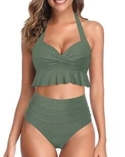 High Waisted Bikini Set Womens Tummy Control Swimsuits-Army Green