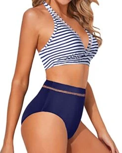 Breathable Mesh V Neck High Waisted Bikini Sets For Women-Blue White Stripe -Bikini Beach Shop 413U2sDMu L