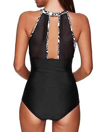 Trendy Deep Plunge Women's Monokini Swimsuit-Black Leaves 2 Trendy Deep Plunge Women's Monokini Swimsuit-Black Leaves - Image 2