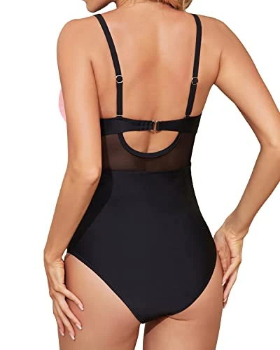 Ruched Cutout One Piece Swimsuit Mesh Detailing For Women-Pink And Black 2 Ruched Cutout One Piece Swimsuit Mesh Detailing For Women-Pink And Black - Image 2