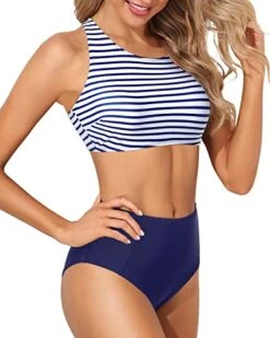 Tank Style High Neck Racerback Two Piece Bikini Set-Blue White Stripe -Bikini Beach Shop 413jOxC3urL