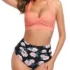 Two Piece Retro Halter High Waist Bikini Set For Women-Coral Pink Floral