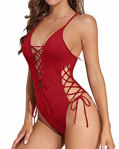 Deep Plunge V Neck Bathing Suits Womens 1 Piece Swimsuits-Red 2 Deep Plunge V Neck Bathing Suits Womens 1 Piece Swimsuits-Red - Image 2
