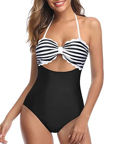 Women's High Waist Ruched Tummy Control Swim Bottoms-Black And White Stripe 3 Women's High Waist Ruched Tummy Control Swim Bottoms-Black And White Stripe - Image 3