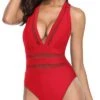Hollow Out Plunge V Neck Criss-Cross Back Swimsuits-Red