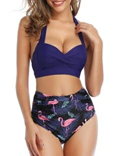 Adjustable Halter Neck Two Piece Swimsuit High Waist Bottom-Blue Flamingo