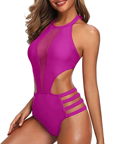 Halter Straps Tie Neck Hook Closure One Piece Monokini Swimwear-Hot Pink 3 Halter Straps Tie Neck Hook Closure One Piece Monokini Swimwear-Hot Pink - Image 3