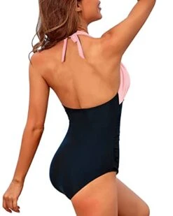 Halter Bathing Suits Tummy Control Backless Swimwear-Pink And Black -Bikini Beach Shop 414GeVhBHlL