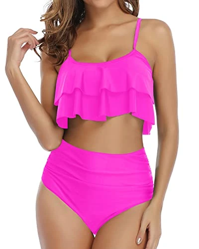 Figure Flattering Ruched High Waisted Bikini Set-Neon Pink 1 Figure Flattering Ruched High Waisted Bikini Set-Neon Pink
