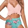 Ruffled Two Piece Tummy Control Bikini For Women-Green And Pink Floral