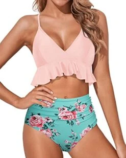 Ruffled Two Piece Tummy Control Bikini For Women-Green And Pink Floral