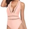 Push Up Plunge V Neck One Piece Swimsuits For Women-Light Pink