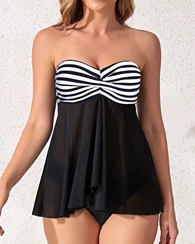 Women's Mid Rise Halter Bandeau Flyaway Tankini Swimsuit-Black And White Stripe 3 Women's Mid Rise Halter Bandeau Flyaway Tankini Swimsuit-Black And White Stripe - Image 3