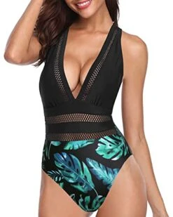 Wide Shoulder Strap V Neck One Piece Swimsuits-Black And Green Leaf