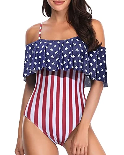 Elegant Ruffle Off Shoulder One Piece Bathing Suit-Flag 1 Elegant Ruffle Off Shoulder One Piece Bathing Suit-Flag