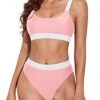 Women Removable Padded Bra Swimsuits Sporty Scoop Neck Bikini-Pink White